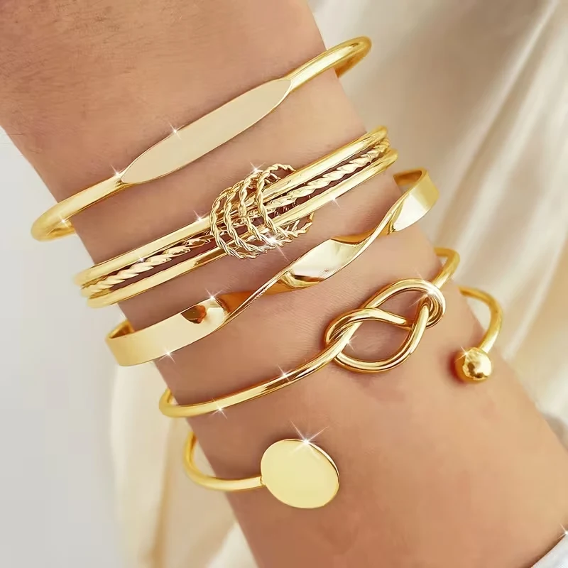 5pcs Set: Women's Open Bangle Vintage Exaggerated Spiral Knot Metallic Geometric Bracelet Set