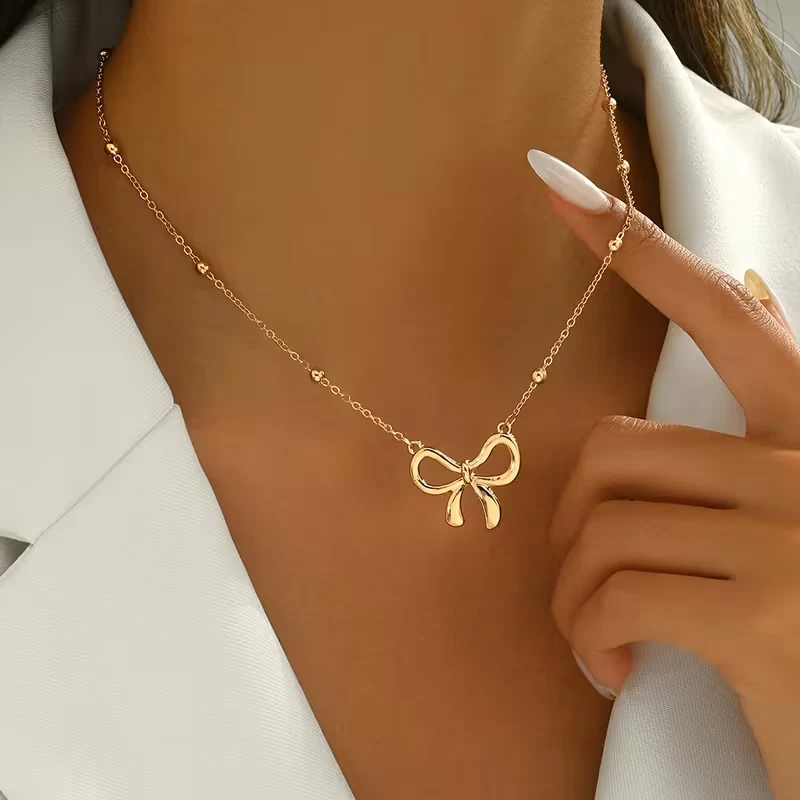 1 Elegant Minimalist Style Bean Chain with Bow Pendant Women's Necklace, Suitable for Daily Wear and Parties