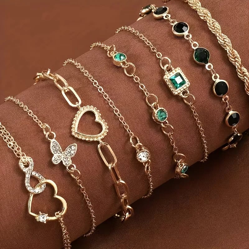 Random 5pcs Elegant Exquisite Luxurious Style Sparkling Rhinestone Peach Heart Butterfly Infinity Small Chain Stackable Women'S Party Date Gift Set
