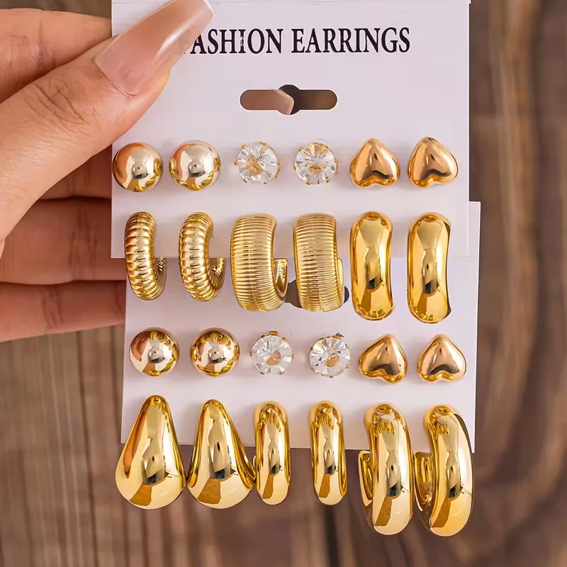 12pcs-24pcs New Artificial Crystal Heart-Shaped Pearl Earrings, Extravagant C-Shaped Resin Metal Ear Stud Set, Elegant Jewelry, Daily Wear, Party Wear, Formal Wear